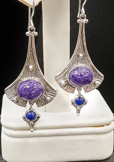 Charolite and Lapis Fan Earrings